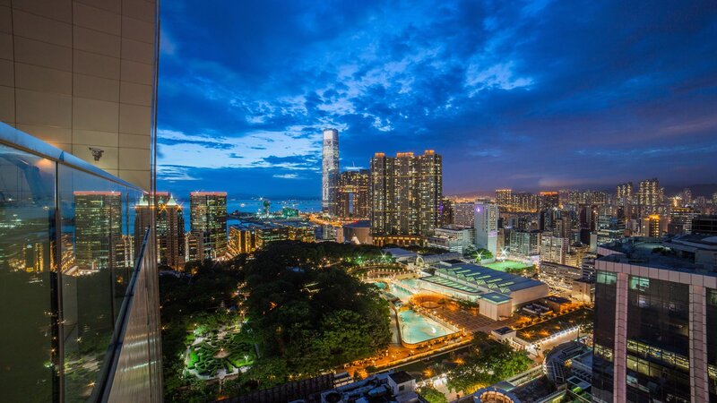 City Skyline at Dusk — Blue, Dramatic, Night, Photograph, Skyscrapers, Park