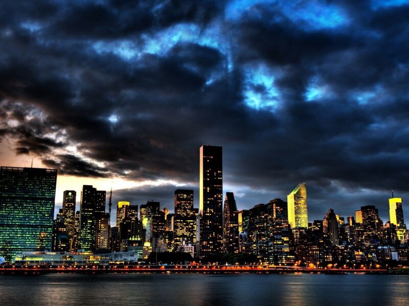 City Skyline at Dusk — Blue, Dramatic, Night, Photograph, Skyscrapers, River, Clouds