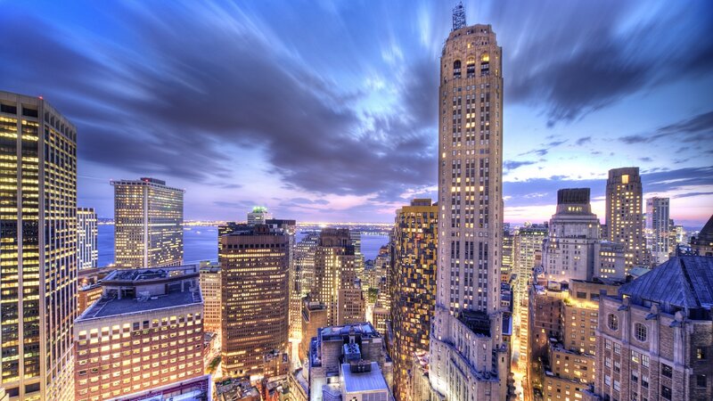 City Skyline at Dusk — Blue, Dramatic, Night, Photograph, Skyscrapers, River