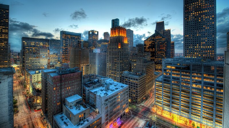 City Skyline at Dusk — Blue, Dramatic, Night, Photograph, Skyscrapers, Streets
