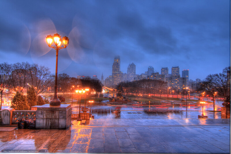 City Skyline at Dusk — Blue, Dramatic, Night, Photograph, Streetlights