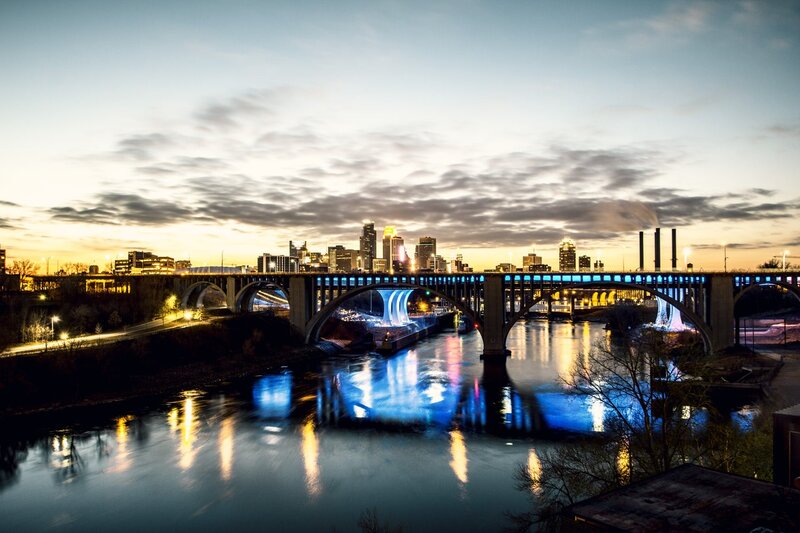 City Skyline at Dusk — Blue, Dramatic, Sunset, Photograph, Bridge
