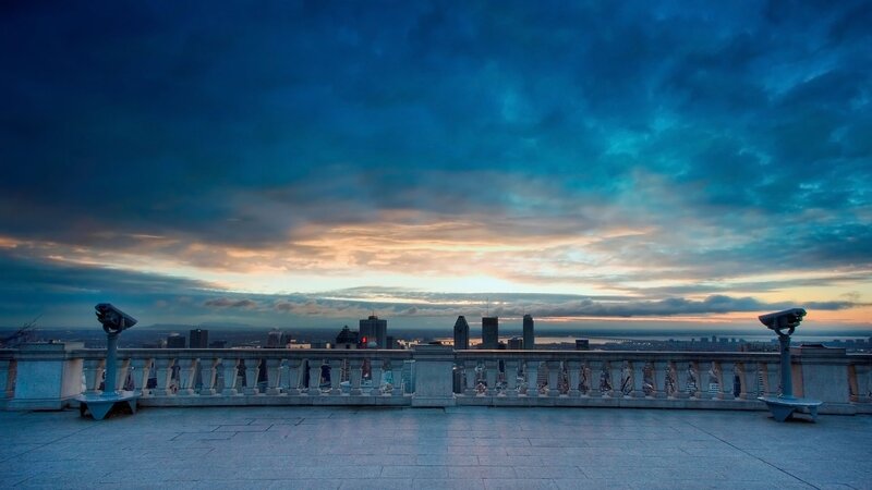 City Skyline at Dusk — Blue, Dramatic, Sunset, Photograph, Clouds, Binoculars
