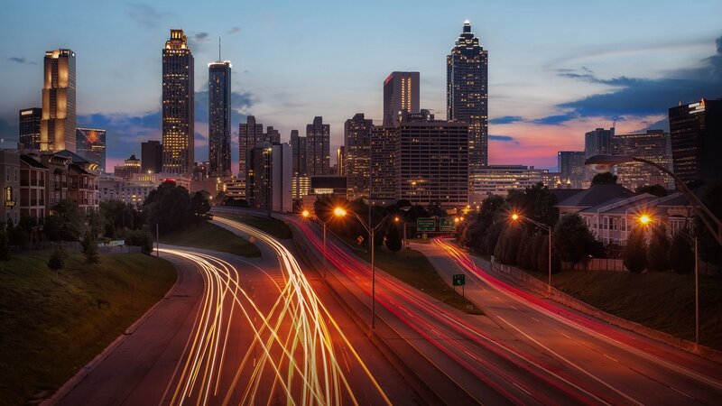 City Skyline at Dusk — Blue, Dramatic, Sunset, Photograph, Highway, Skyscrapers