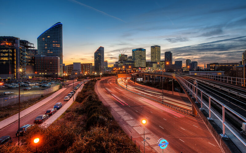 City Skyline at Dusk — Blue, Dramatic, Sunset, Photograph, Highway