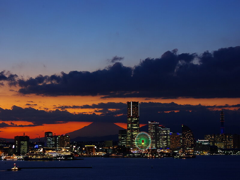 City Skyline at Dusk — Blue, Dramatic, Sunset, Photograph, Mountain