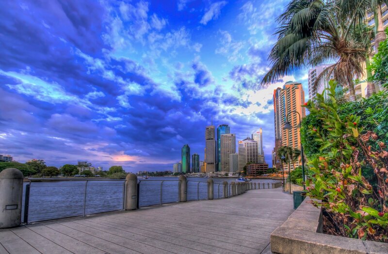 City Skyline at Dusk — Blue, Dramatic, Sunset, Photograph, Palm Tree