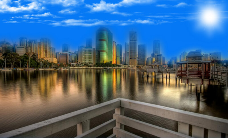 City Skyline at Dusk — Blue, Dramatic, Sunset, Photograph, Skyscraper, River