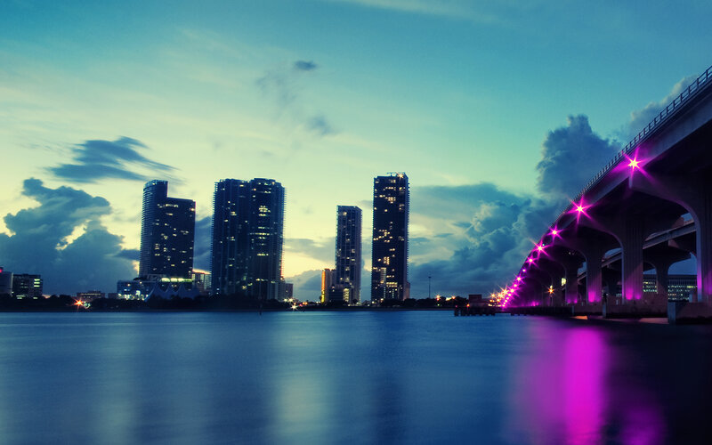 City Skyline at Dusk — Blue, Dramatic, Sunset, Photograph, Skyscrapers, Bridge