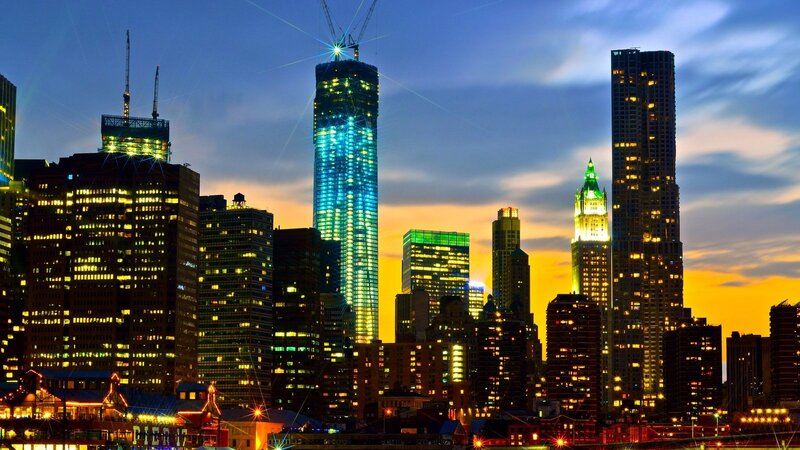 City Skyline at Dusk — Blue, Dramatic, Sunset, Photograph, Skyscrapers, Construction Cranes