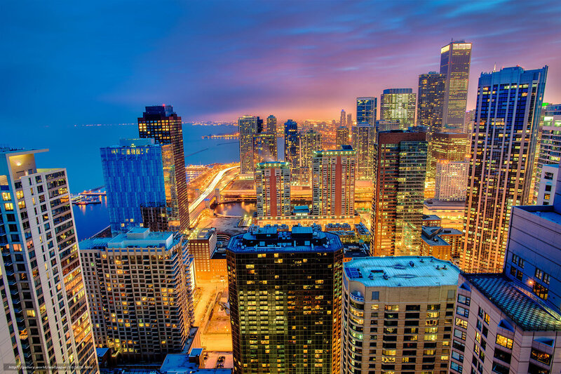 City Skyline at Dusk — Blue, Dramatic, Sunset, Photograph, Skyscrapers, Lake