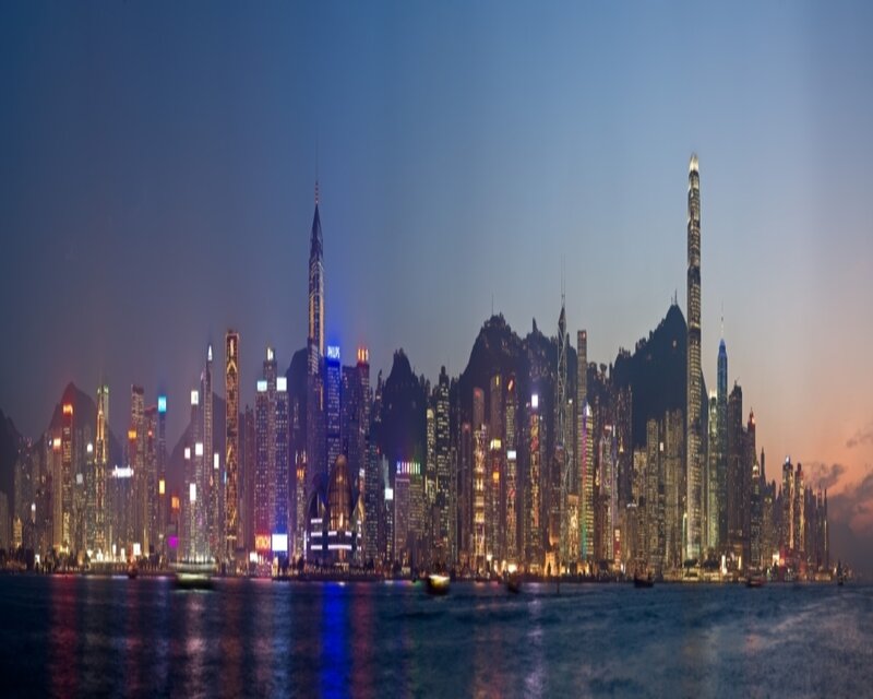 City Skyline at Dusk — Blue, Dramatic, Sunset, Photograph, Skyscrapers, Mountains