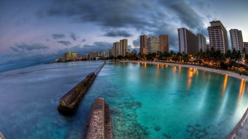 City Skyline at Dusk — Blue, Dramatic, Sunset, Photograph, Skyscrapers, Pier