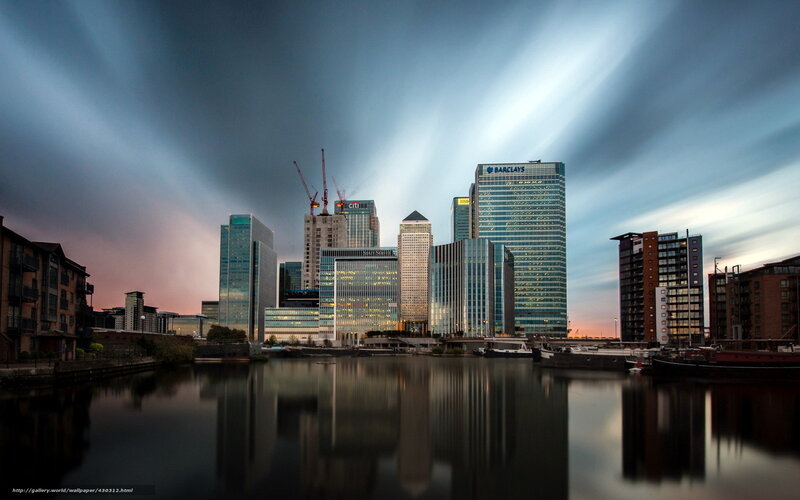 City Skyline at Dusk — Blue, Dramatic, Sunset, Photograph, Skyscrapers, River, Cranes