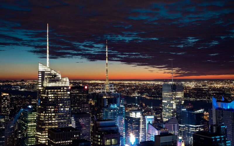 City Skyline at Dusk — Blue, Dramatic, Sunset, Photograph, Skyscrapers, River, Tower