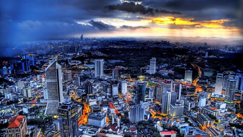 City Skyline at Dusk — Blue, Dramatic, Sunset, Photograph, Skyscrapers, Roads