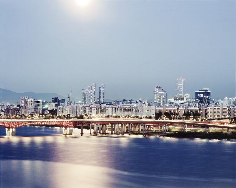City Skyline at Dusk — Blue, Serene, Night, Photograph, Bridge, River