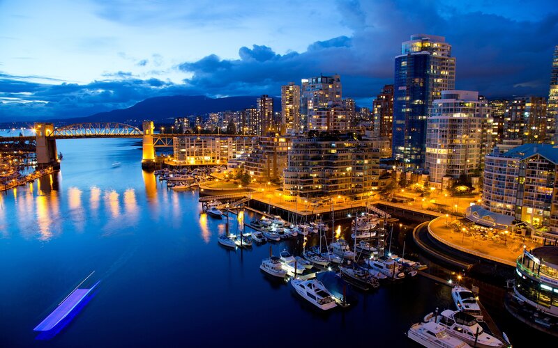 City Skyline at Dusk — Blue, Serene, Night, Photograph, Bridge