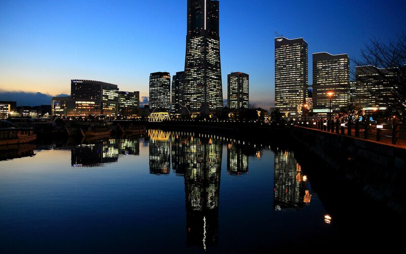 City Skyline at Dusk — Blue, Serene, Night, Photograph, Buildings, River, Bridge