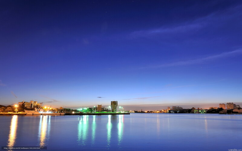 City Skyline at Dusk — Blue, Serene, Night, Photograph, Buildings, Water