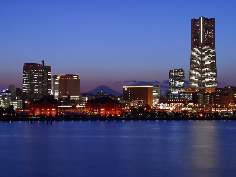 City Skyline at Dusk — Blue, Serene, Night, Photograph, Mountain