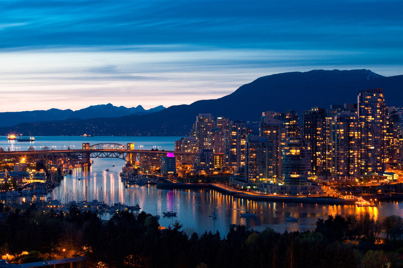 City Skyline at Dusk — Blue, Serene, Night, Photograph, Mountains, Bridge