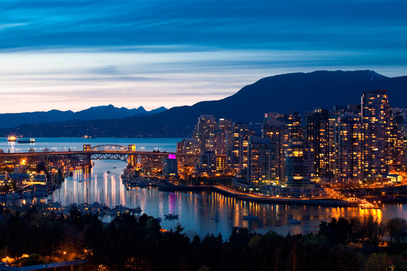 City Skyline at Dusk — Blue, Serene, Night, Photograph, Mountains
