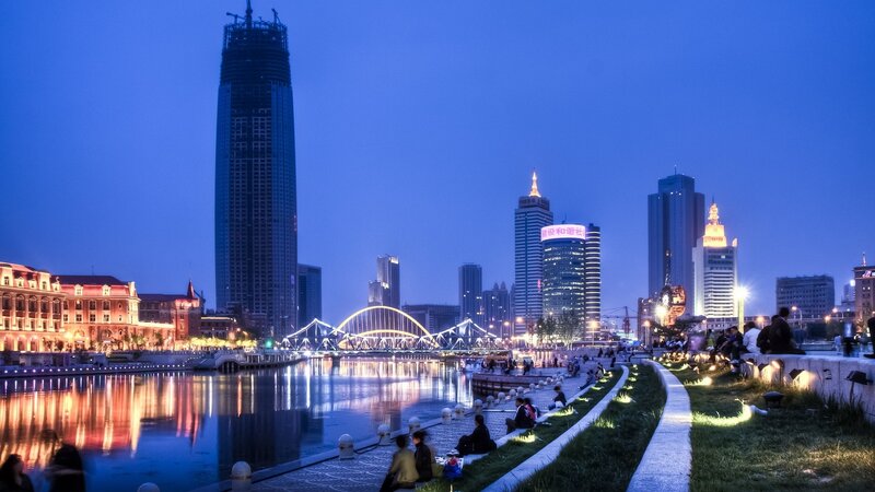 City Skyline at Dusk — Blue, Serene, Night, Photograph, River, Bridge