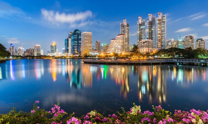 City Skyline at Dusk — Blue, Serene, Night, Photograph, Skyscrapers, Lake