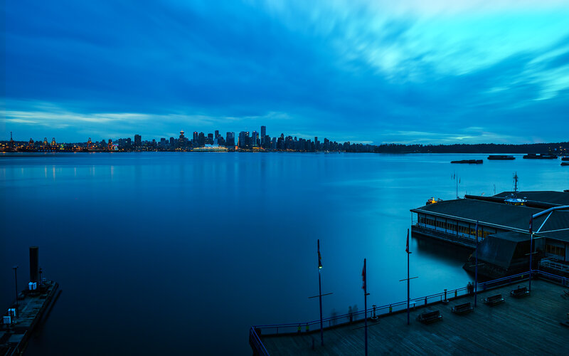 City Skyline at Dusk — Blue, Serene, Night, Photograph, Water, Dock