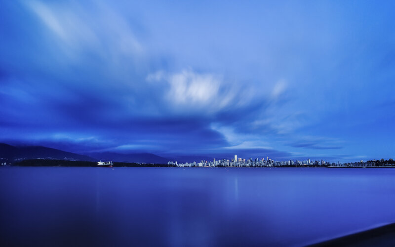 City Skyline at Dusk — Blue, Serene, Night, Photograph, Water