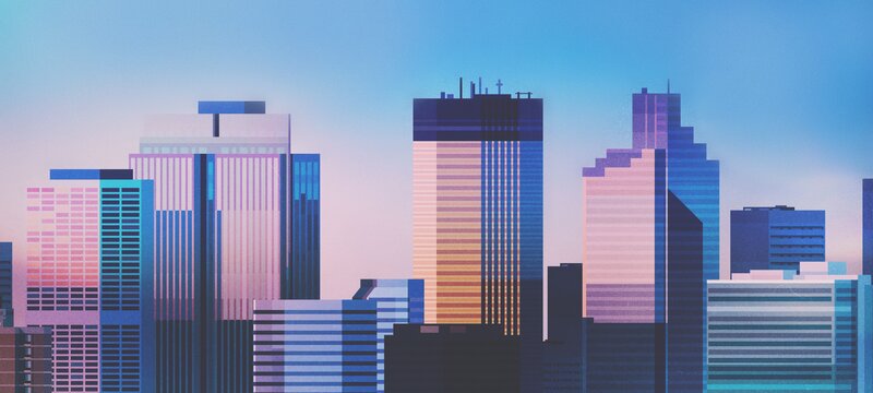 City Skyline at Dusk — Blue, Serene, Sunset, Digital Art, Skyscrapers