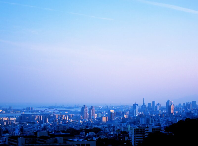 City Skyline at Dusk — Blue, Serene, Sunset, Photograph, Buildings, Bridge