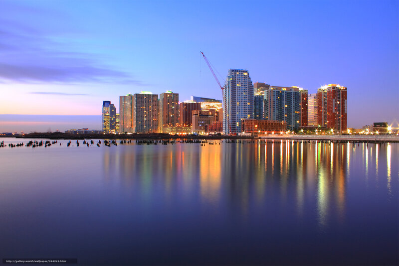 City Skyline at Dusk — Blue, Serene, Sunset, Photograph, Buildings, Water
