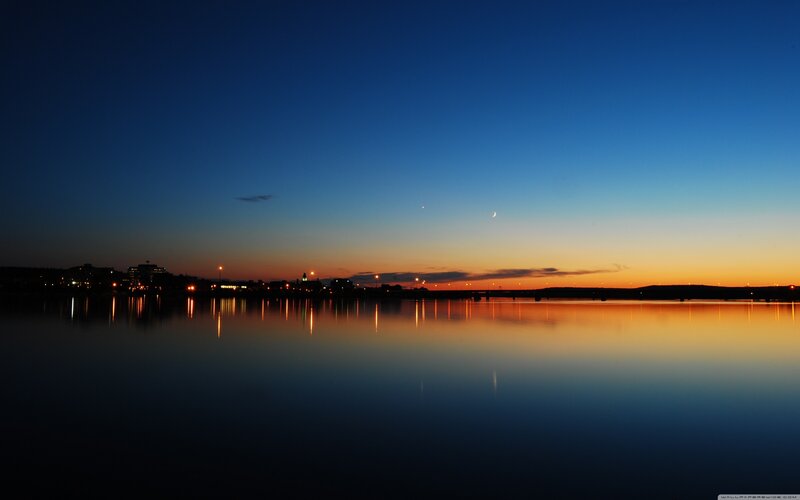 City Skyline at Dusk — Blue, Serene, Sunset, Photograph, Moon, Stars