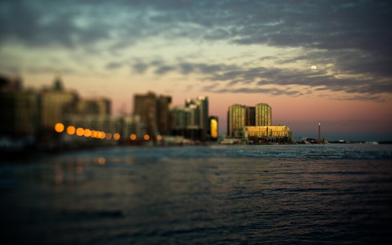 City Skyline at Dusk — Blue, Serene, Sunset, Photograph, Moon
