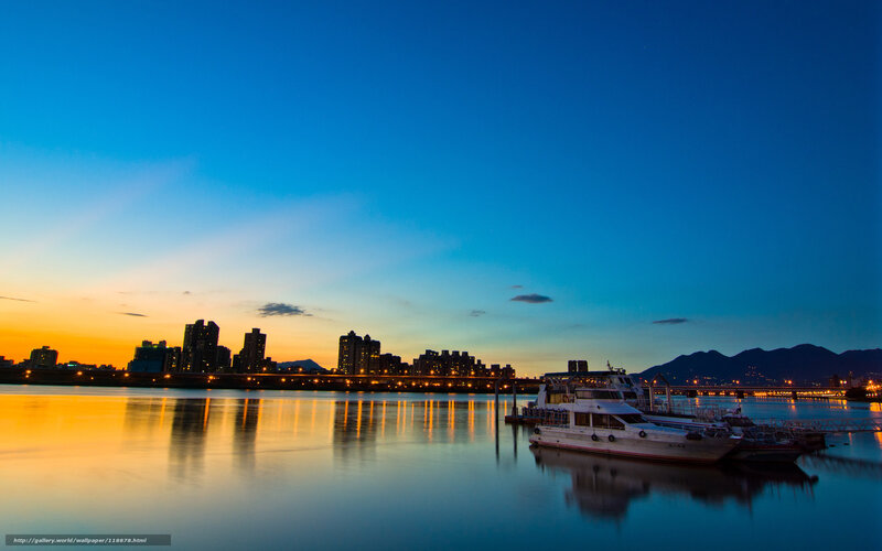 City Skyline at Dusk — Blue, Serene, Sunset, Photograph, River