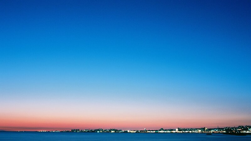 City Skyline at Dusk — Blue, Serene, Sunset, Photograph, Sky