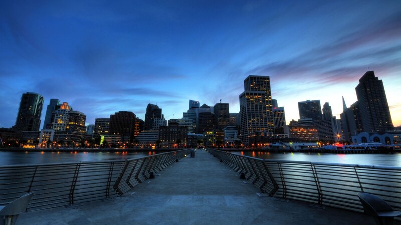 City Skyline at Dusk — Blue, Serene, Sunset, Photograph, Skyscraper, Pier
