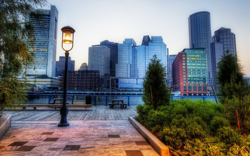 City Skyline at Dusk — Blue, Serene, Sunset, Photograph, Skyscrapers, Pier