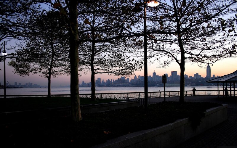 City skyline at dusk from park