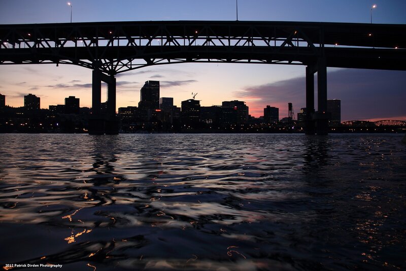 City skyline at dusk from water