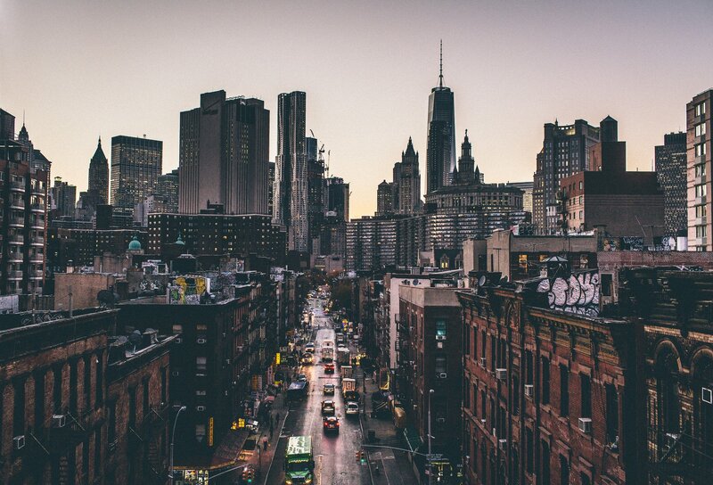 City Skyline at Dusk — Gray, Dramatic, Sunset, Photograph