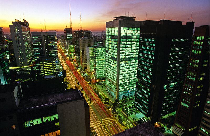 City Skyline at Dusk — Green, Dramatic