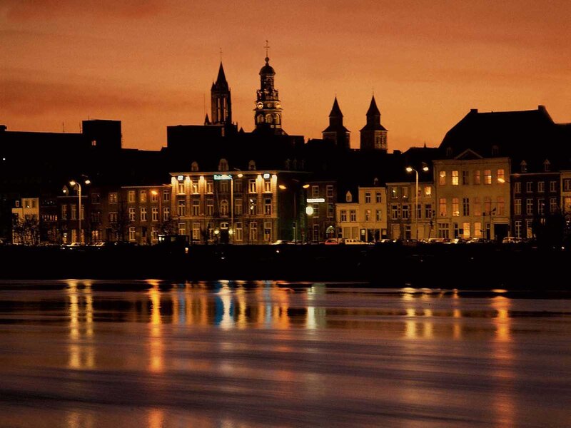 City Skyline at Dusk — Orange, Dramatic, Night, Photograph, Buildings, River