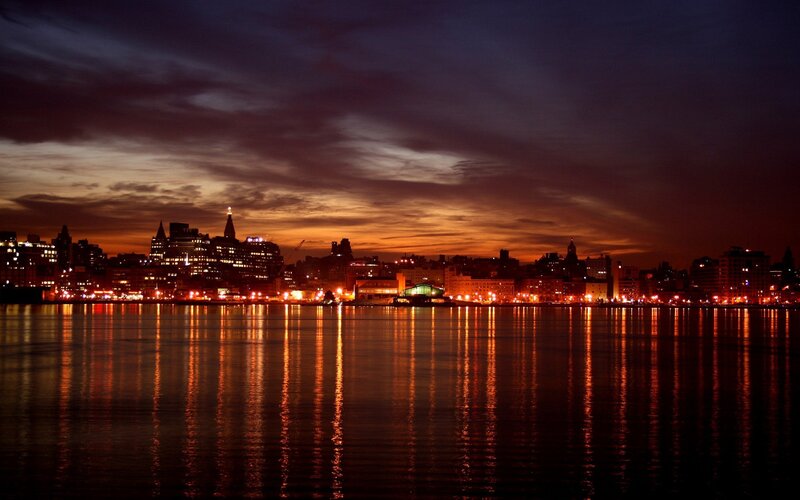 City Skyline at Dusk — Orange, Dramatic, Night, Photograph, Buildings, Sky