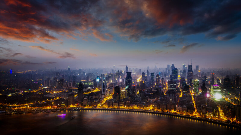 City Skyline at Dusk — Orange, Dramatic, Night, Photograph, Skyscrapers