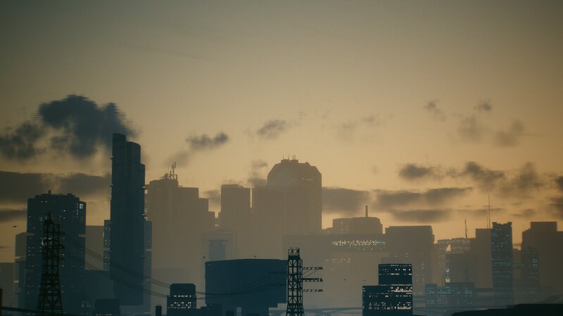 City Skyline at Dusk — Orange, Dramatic, Sunset, 3d Render
