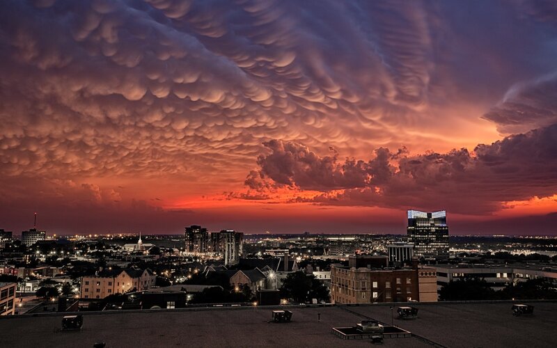 City Skyline at Dusk — Orange, Dramatic, Sunset, Photograph, Buildings, Clouds