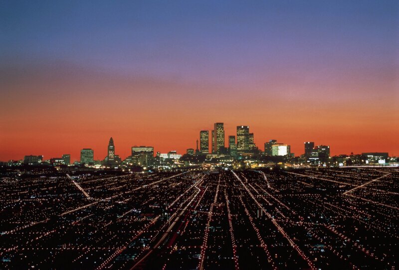 City Skyline at Dusk — Orange, Dramatic, Sunset, Photograph, Skyscraper, Highway